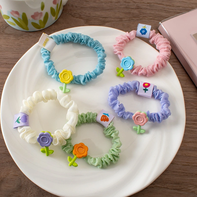 Cute Flower Cloth Label Pleated Hair Scrunchie Candy Color Rubber Band Hair Tie